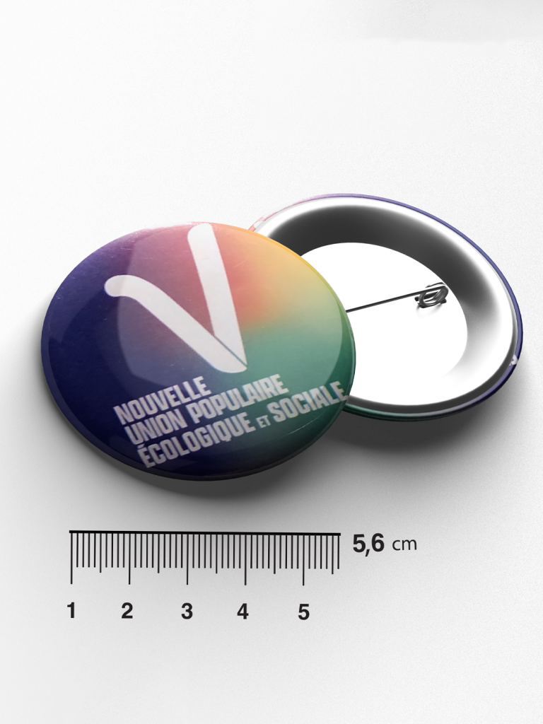 badge 56mm au "logo de la Nupes" Fond couleur logo blanc